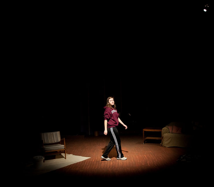 Betsy Shirey, the house manager for the Stephens College production of "Dixie Swim Club" at the Warehouse Theatre, walks on stage before the start of the tech rehearsal on Thursday, Nov. 12, 2009 in Columbia, Mo. The play opens next Wednesday, Nov. 18, at 7:30 PM, and will run though Saturday, Nov. 21.